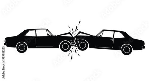A dramatic depiction of two vintage cars colliding head on rendered as a striking silhouette high quality