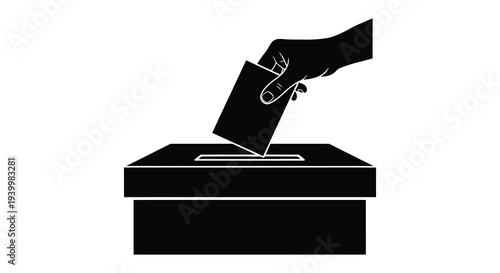 A black silhouette depicts a hand inserting a ballot into a voting box silhouette high quality