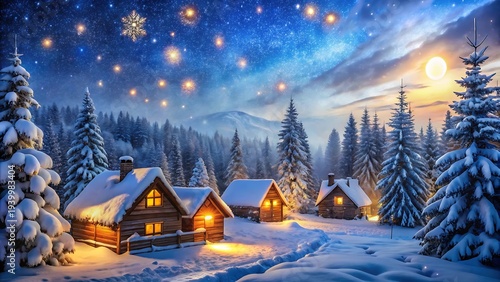 Magical Winter Night With Falling Snow