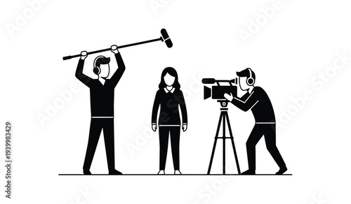 Film crew at work with clapperboard, cameraman, and actor on set