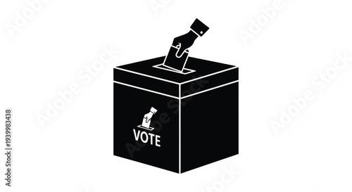 A stark black silhouette depicts a hand dropping a ballot into a voting box silhouette