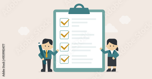 Business Team Checking Completed Checklist and Task Management Board｜Gentle Business Illustration Series