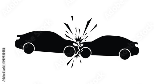 A dramatic depiction of two cars colliding head on rendered in a striking black silhouette high quality