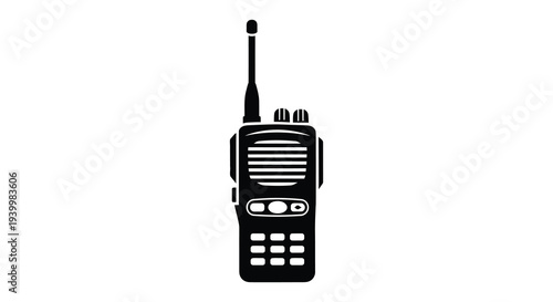 A black silhouette of a two way radio with an antenna buttons and speaker grille silhouette