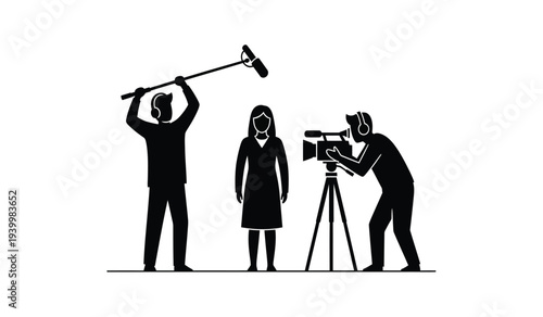 Film crew silhouette with cameraman and boom operator
