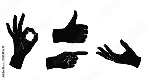 Four black hand gestures depicting positive affirmation agreement and direction silhouette high quality professional detailed modern