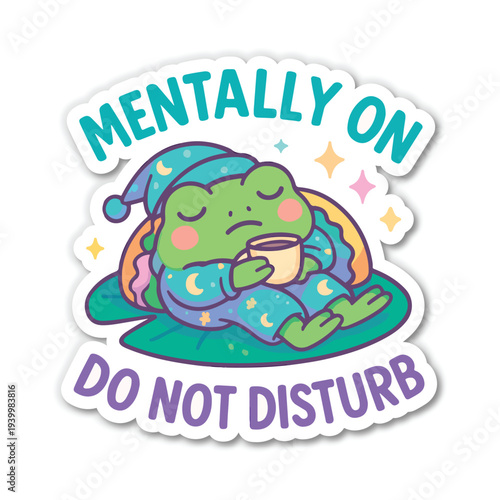Cute Frog in Pajamas Drinking Coffee Mentally On Do Not Disturb Kawaii Stock Illustration