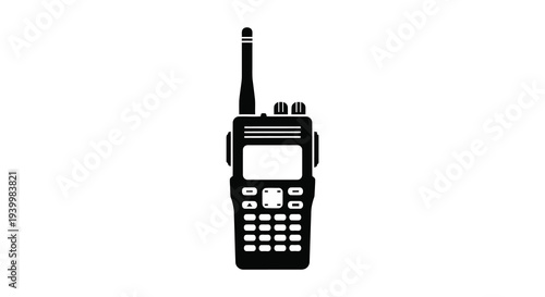 A stark black silhouette of a two way radio displaying its buttons and antenna silhouette high quality