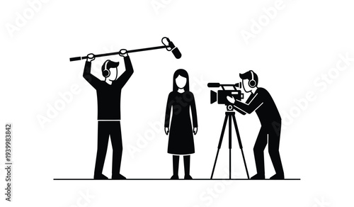 Film crew with cameraman and boom operator recording a woman