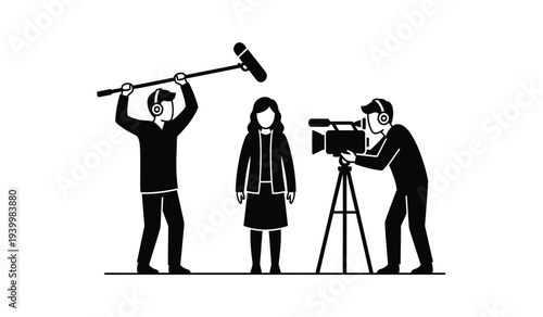 Film crew recording a scene with a cameraman and boom operator