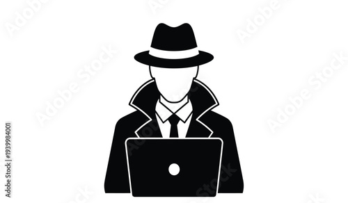Man in fedora hat using laptop computer illustration