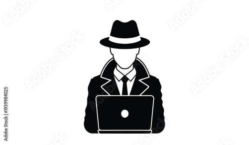 Illustration of a man in a suit and hat using a laptop