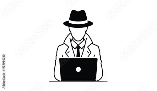 Man wearing fedora hat working on laptop computer
