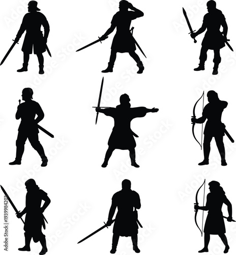 Medieval warrior silhouettes, sword bow stance artwork, combat fighter vector, historical battle design, fantasy soldier graphic, ancient warfare illustration