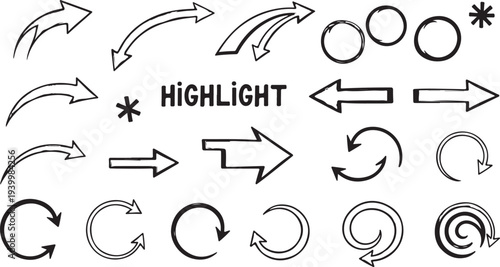 Various black and white arrows and circular symbols on white background