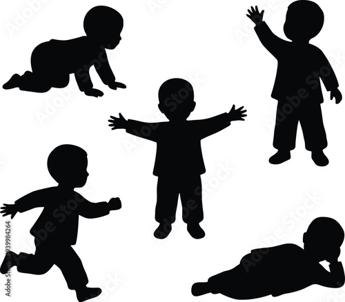 baby and toddler silhouettes crawling standing running playful children poses childhood activity isolated vector illustration set