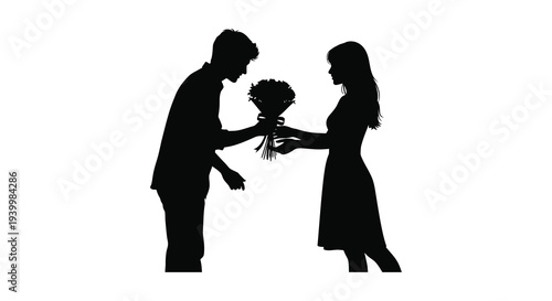 A romantic couple shares a tender moment with flowers depicted as a striking silhouette high quality