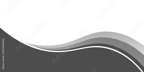 Minimalist black and gray wave vector design with smooth flowing curves at the bottom, transitioning into a clean white background. Ideal for banners, footers, or modern layouts. vector illustration