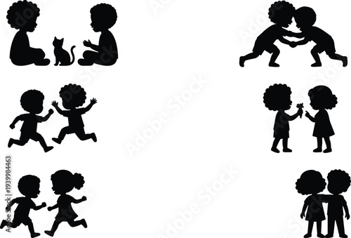 kids friendship silhouettes children playing running hugging sharing toy with pet cat isolated vector illustration set