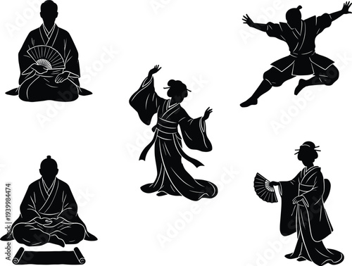 Japanese culture silhouettes samurai geisha kimono traditional dance meditation fan performance Japan heritage isolated vector illustration set