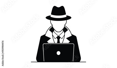 Man in fedora hat working on laptop computer with blank