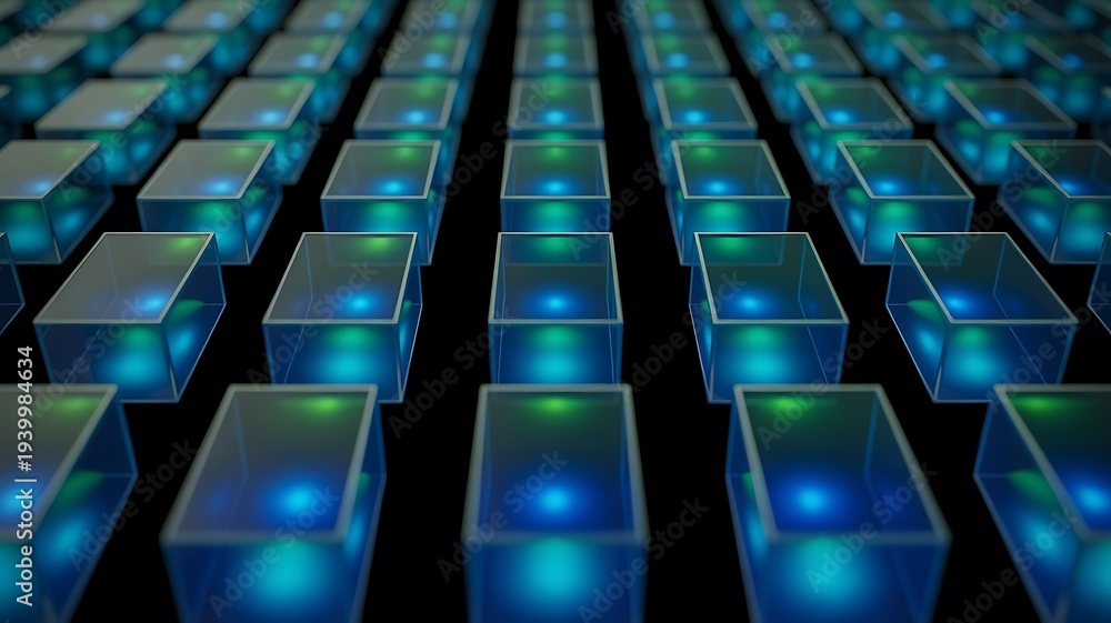 Fototapeta premium Rows of glowing blue and green translucent cubes arranged in a grid pattern on a black background
