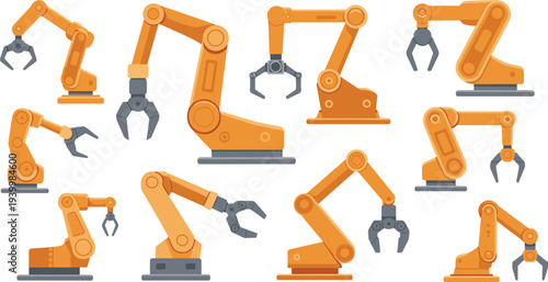 Robotic arms illustration, industrial automation artwork, mechanical gripper vector, manufacturing tool design, assembly line graphic, precision robotics icon