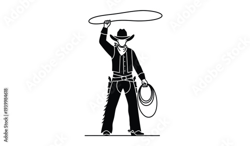 Cowboy spinning lasso rope in hand, standing and wearing a hat