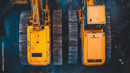 Aerial top-down view captures the massive, rugged yellow bodies and distinct metal tracks of two heavy construction excavators parked closely together awaiting their next demanding industrial task.