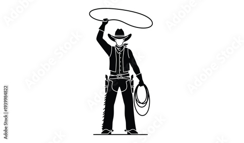 Cowboy spinning a lasso rope in black and white illustration