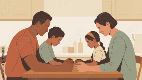 Family holding hands around a table in a kitchen with warm lighting and a cozy atmosphere