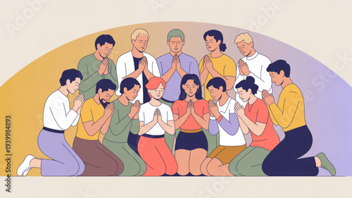 Diverse group of people kneeling in prayer together hands clasped serene atmosphere simple background various ages and outfits peaceful moment community faith unity spirituality