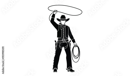 Cowboy spinning lasso rope in black and white illustration