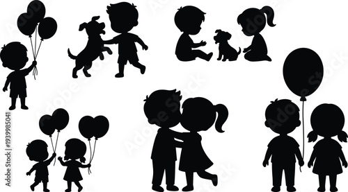 kids silhouettes with balloons pets friendship hugging children playful moments isolated vector illustration set