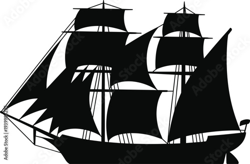 Sailing ship silhouette, historic vessel vector, galleon artwork, clipper design illustration, maritime exploration icon, naval history graphic, adventure voyage theme
