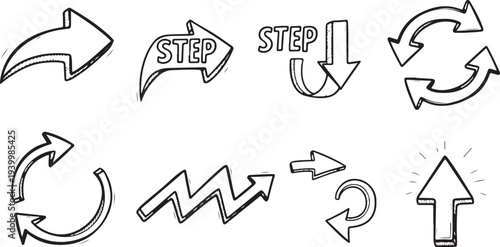 Various black and white directional arrows and step symbols