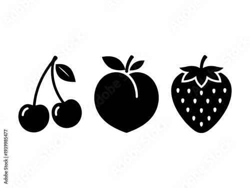 Cherry Peach and Strawberry 2D Minimalist Flat Design Fruit Icon Set Isolated on transparent background 