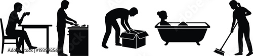 people daily activities silhouettes drinking coffee cooking unpacking box bathing cleaning housework routine isolated vector illustration set