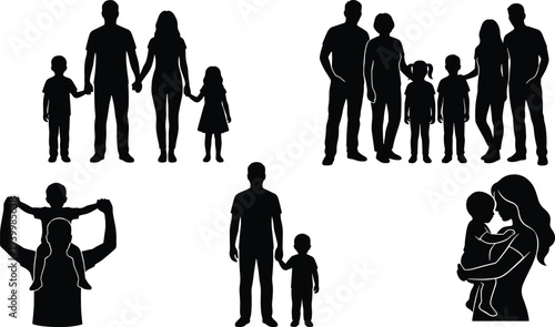 family silhouettes parents children love parenting father mother kids together relationship isolated vector illustration set
