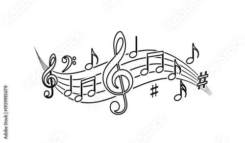 Black and white illustration of musical notes and treble clef on a staff