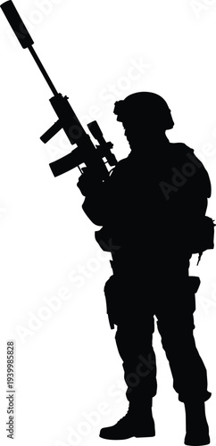 Soldier silhouette, military figure vector, armed forces icon, tactical gear illustration, sniper rifle artwork, combat readiness design, defense concept graphic