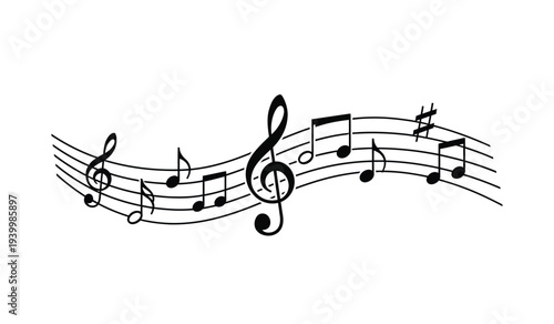 Black and white illustration of musical notes on a staff