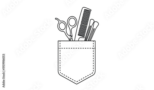 Simple black line illustration of hairdressing tools in pocket