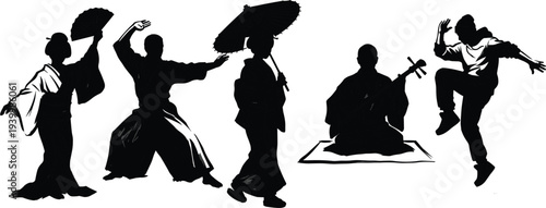 Japanese culture silhouettes geisha dancer samurai martial artist musician umbrella traditional kimono Japan heritage isolated vector illustration set