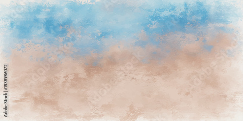 Abstract watercolor and grunge background featuring a blue sky with white clouds and soft summer sunlight for a serene nature atmosphere