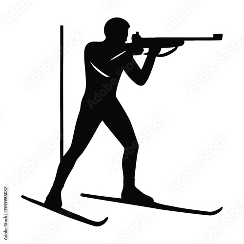 Biathlete aiming rifle on skis, winter sports, silhouette illustration, outdoor activity, sports equipment, 1 (66).eps