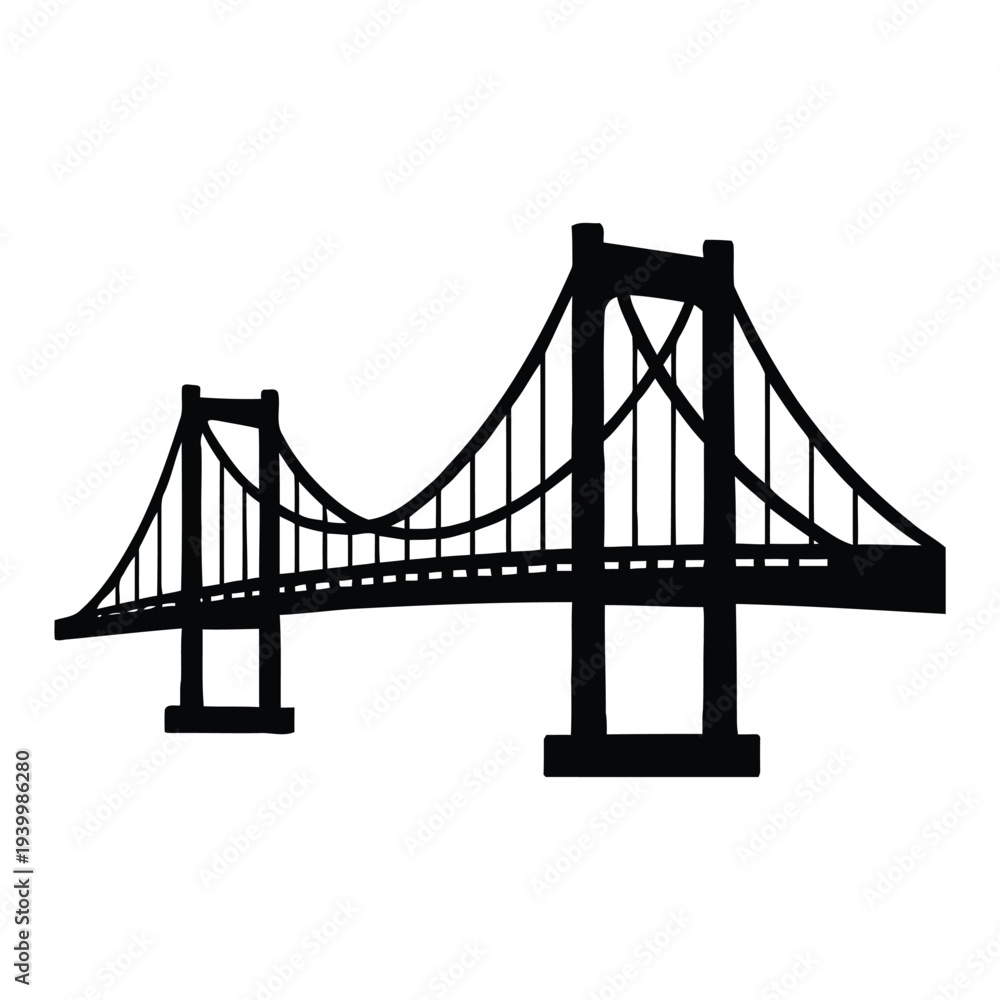 Fototapeta premium Suspension Bridge Silhouette Illustration Showing Structural Details and Cables