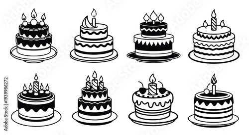 set of cute birthday cake icons and sweet dessert
