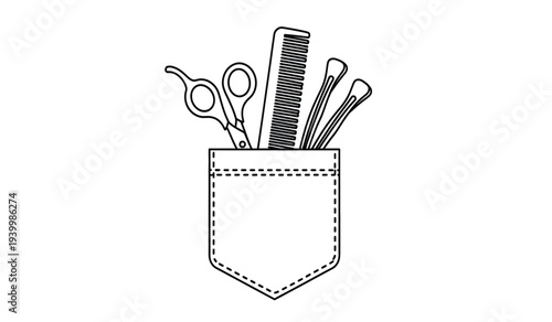 Barber tools in a pocket on a, including scissors and comb