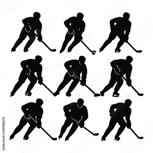 Silhouettes of hockey players in various poses with sticks and puck, vector illustration set of nine figures